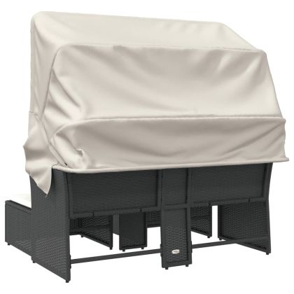 2-местен градински диван със сенник и табуретки черен полиратан