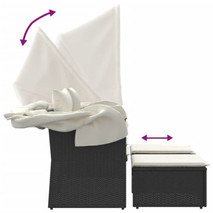 2-местен градински диван със сенник и табуретки черен полиратан