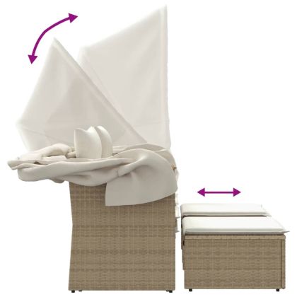 2-местен градински диван със сенник и табуретки бежов полиратан