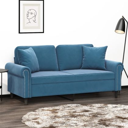 2-местен диван с декоративни възглавници син 140 см кадифе