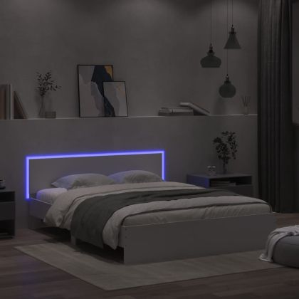 Рамка за легло с табла и LED, бяла, 160x200 см