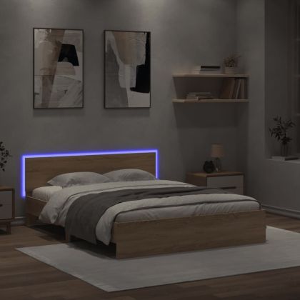 Рамка за легло с табла и LED, дъб сонома, 160x200 см
