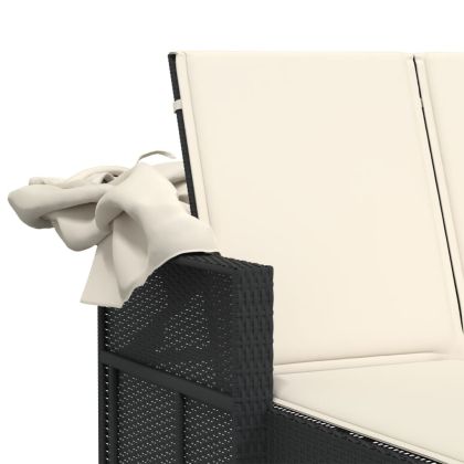 Двоен шезлонг със сенник и възглавници черен полиратан