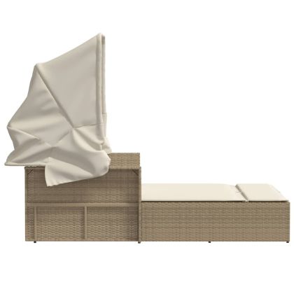 Двоен шезлонг със сенник и възглавници бежов полиратан