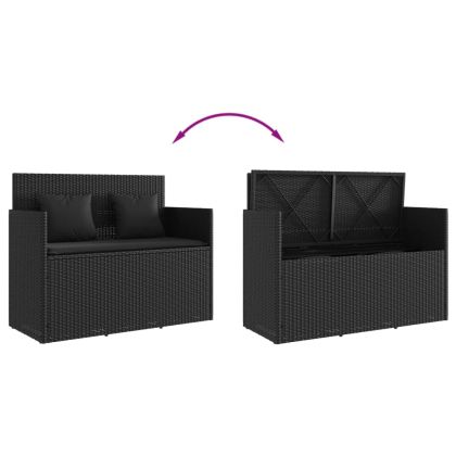 Градинска пейка с възглавници черен полиратан