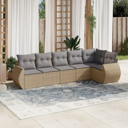 Градински диван с възглавници, 6 части, бежов полиратан