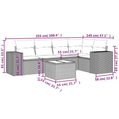 Градински диван с възглавници, 6 части, черен, полиратан
