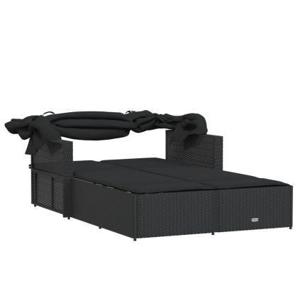 Двоен шезлонг със сенник и възглавници черен полиратан