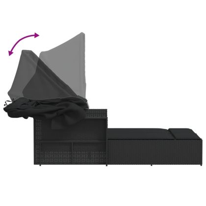 Двоен шезлонг със сенник и възглавници черен полиратан