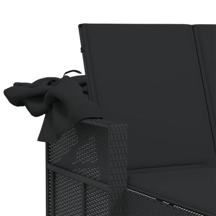 Двоен шезлонг със сенник и възглавници черен полиратан