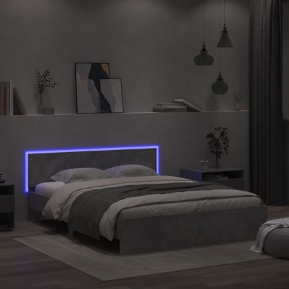 Рамка за легло с табла и LED, бетонно сива, 160x200 см