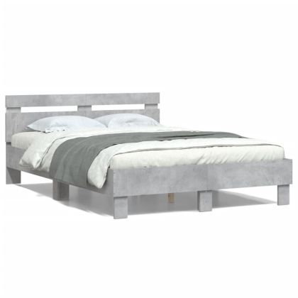 Рамка за легло с табла и LED, бетонно сива, 135x190 см
