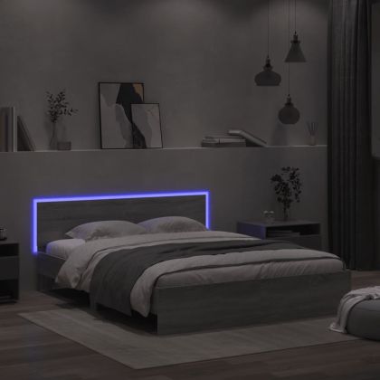 Рамка за легло с табла и LED, сив сонома, 160x200 см