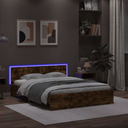 Рамка за легло с табла и LED, опушен дъб, 160x200 см
