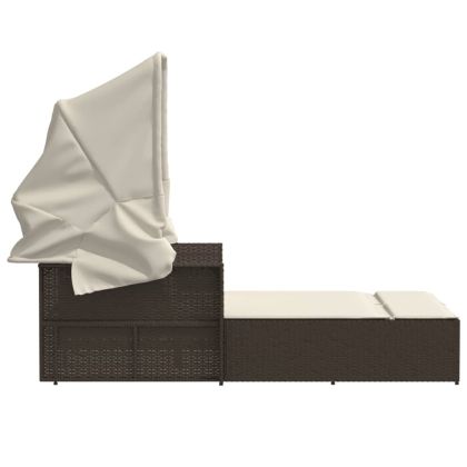 Двоен шезлонг със сенник и възглавници кафяв полиратан