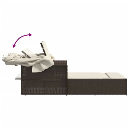 Двоен шезлонг със сенник и възглавници кафяв полиратан