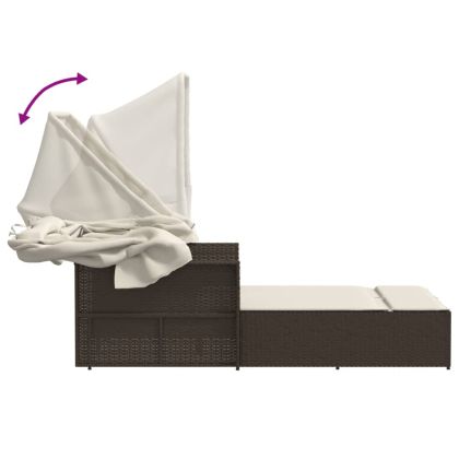 Двоен шезлонг със сенник и възглавници кафяв полиратан