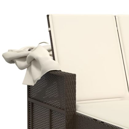 Двоен шезлонг със сенник и възглавници кафяв полиратан