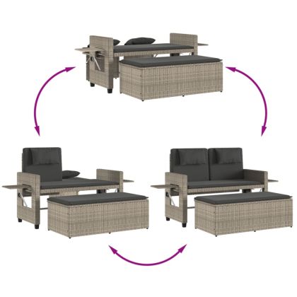 Накланяща се градинска пейка с възглавници светлосив полиратан