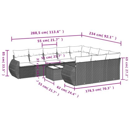 Градински комплект диван с възглавници 11 части черен полиратан