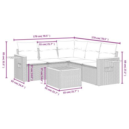 Градински диван с възглавници, 6 части, полиратан, сив
