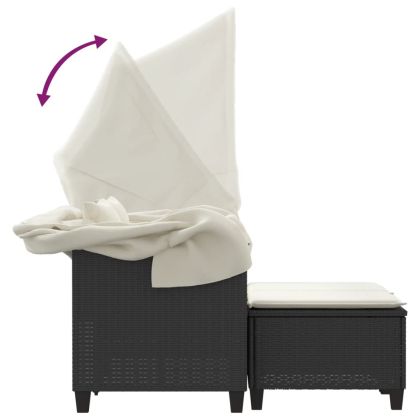 2-местен градински диван със сенник и табуретки черен полиратан