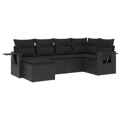 Градински диван с възглавници, 6 части, черен, полиратан