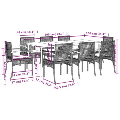 Градински трапезен комплект възглавници 9 части черен полиратан