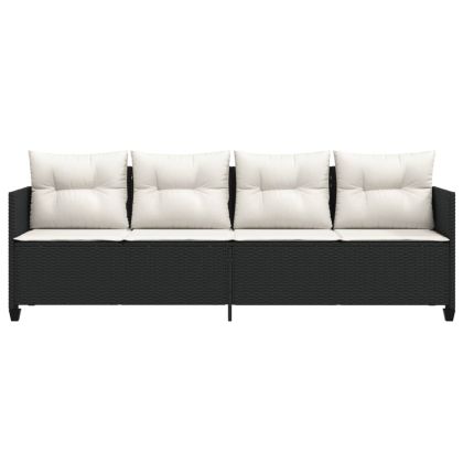 Шезлонг с възглавници, черен, полиратан