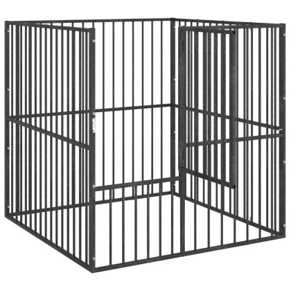 Кошара за кучета с 4 панела, черна, поцинкована стомана