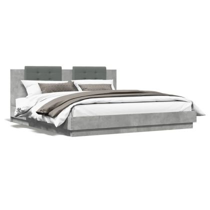 Рамка за легло с табла и LED осветление бетонно сив 160x200 см
