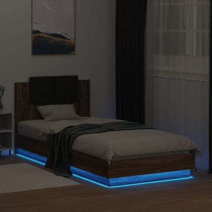 Рамка за легло с табла и LED осветление, кафяв дъб, 90x200 см