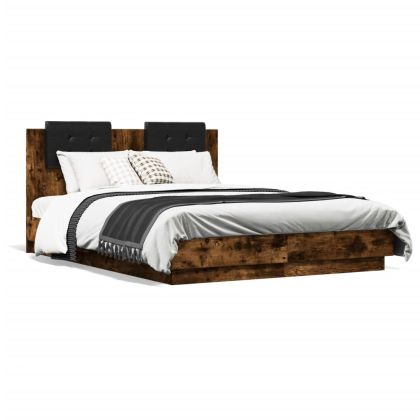 Рамка за легло с табла и LED осветление, опушен дъб, 140x190 см