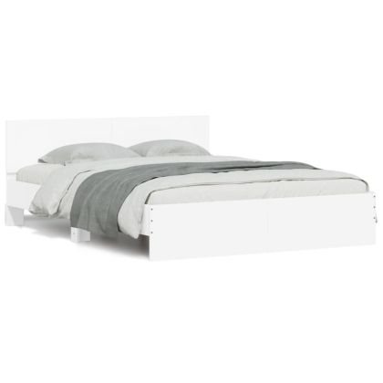 Рамка за легло с табла и LED, бяла, 150x200 см