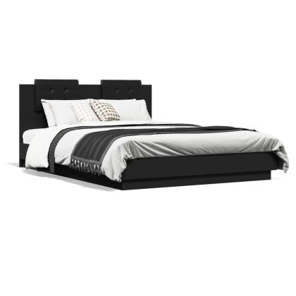 Рамка за легло с табла и LED осветление, черна, 120x200 см