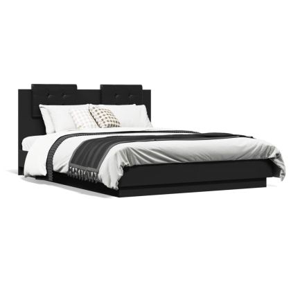 Рамка за легло с горна табла и LED осветление черна 140x190 см