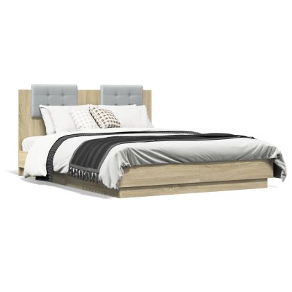 Рамка за легло с табла и LED осветление, дъб сонома, 135x190 см