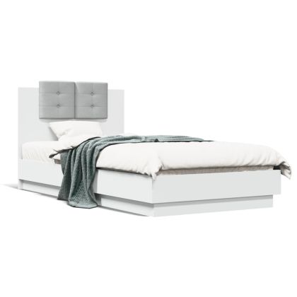 Рамка за легло с горна табла и LED осветление, бяла, 75x190 см