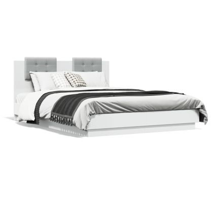 Рамка за легло с табла и LED осветление, бяла, 150x200 см