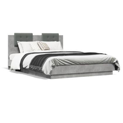 Рамка за легло с табла и LED осветление бетонно сив 120x200 см