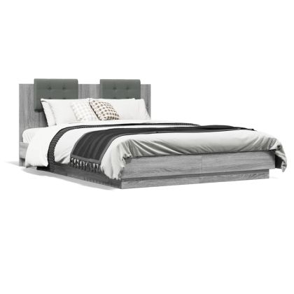 Рамка за легло с табла и LED осветление, сив сонома, 120x200 см