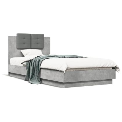 Рамка за легло с табла и LED осветление, бетонно сив, 90x200 см