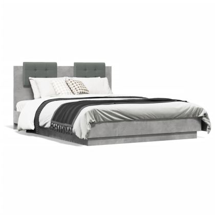 Рамка за легло с табла и LED осветление бетонно сив 135x190 см