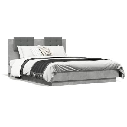 Рамка за легло с табла и LED осветление бетонно сив 140x190 см