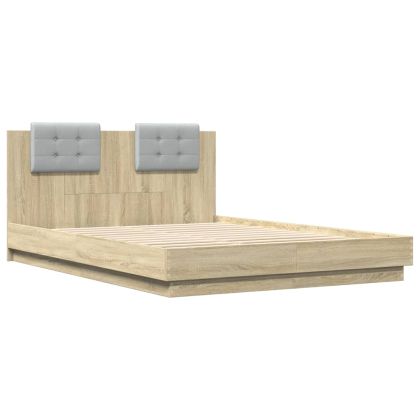 Рамка за легло с табла и LED осветление, дъб сонома, 140x200 см