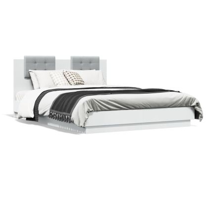 Рамка за легло с табла и LED осветление, бяла, 140x200 см