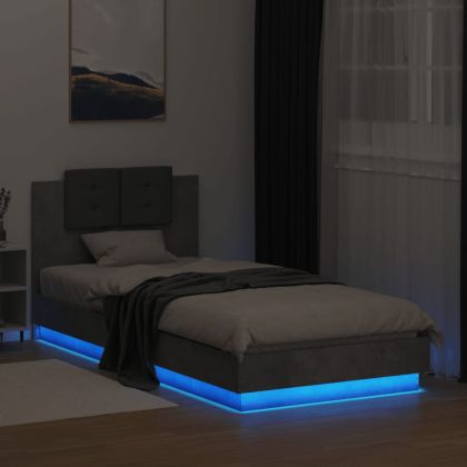 Рамка за легло с табла и LED осветление, бетонно сив, 100x200см
