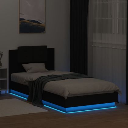 Рамка за легло с табла и LED осветление, черна, 100x200 см