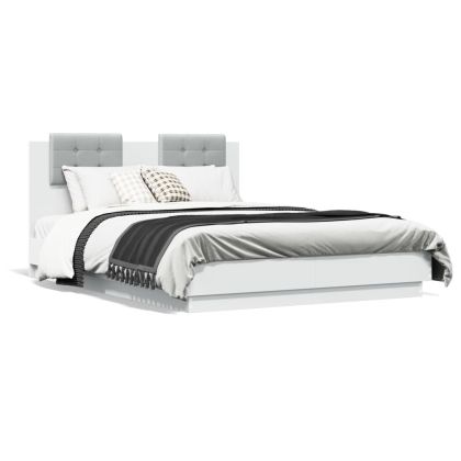 Рамка за легло с горна табла и LED осветление, бяла, 140x190 см