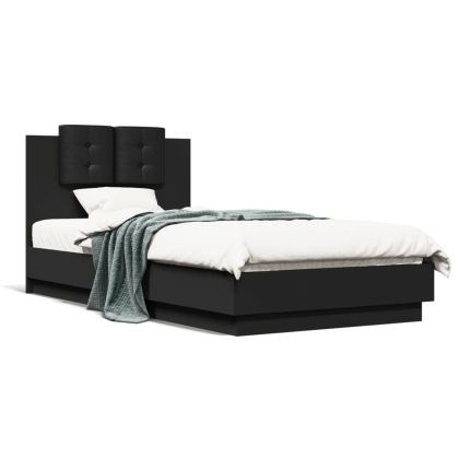 Рамка за легло с горна табла и LED осветление, черна, 75x190 см